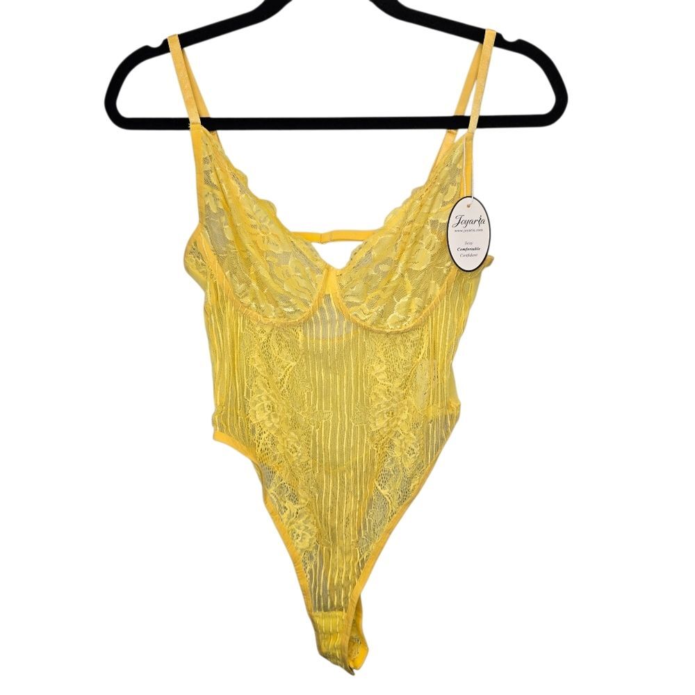 NWT Joyaria Womens Medium Sheer Lace Floral Mesh Thong  Bodysuit Yellow